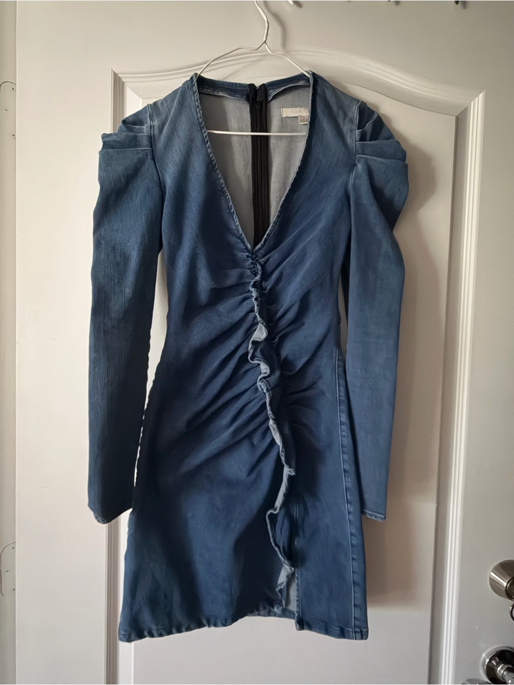 Jonathan Simkhai Blue Ruched V-Neck Long Sleeve Dress